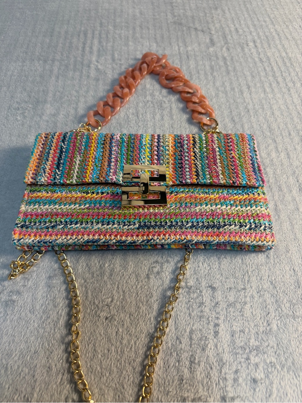 Colorful Woven Raffia Style Chain Strap Clutch Bag